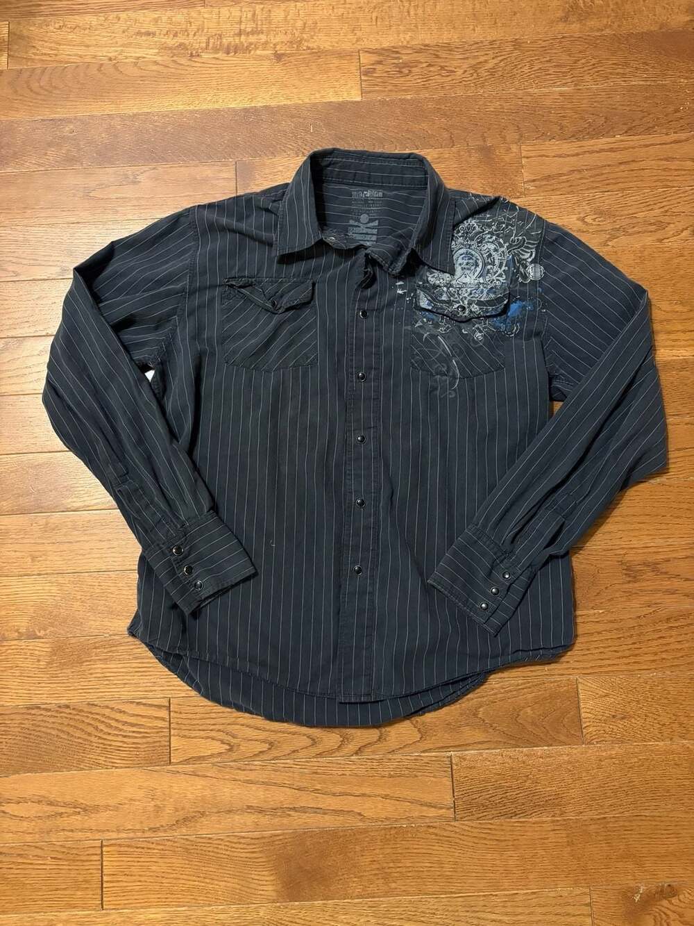 Machine Long Sleeve Shirt Size Medium Black Pinstripe Crest Graphic